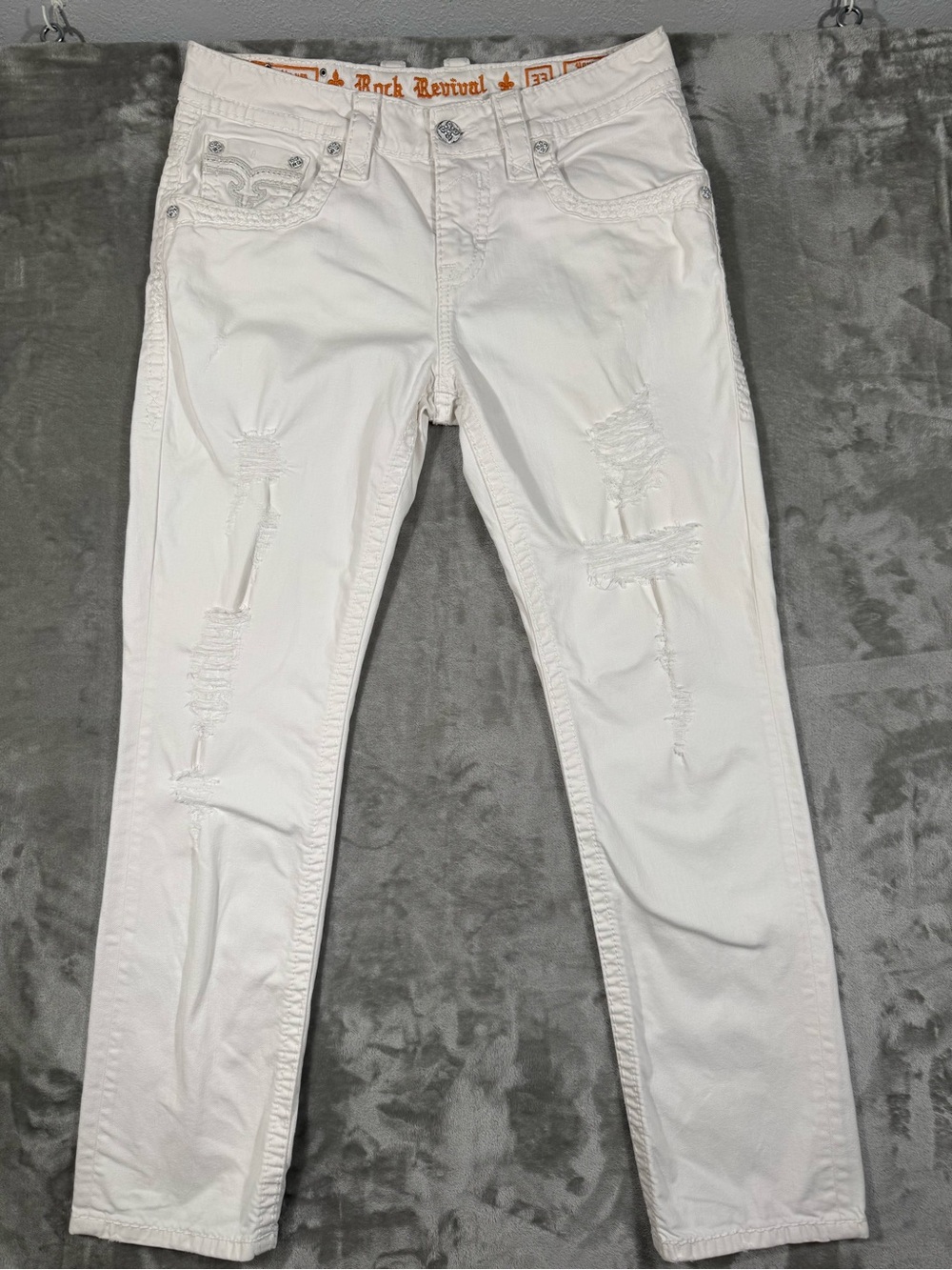 Rock Revival Men's Sz 33 Young Alt Straight White Distressed Embroidered